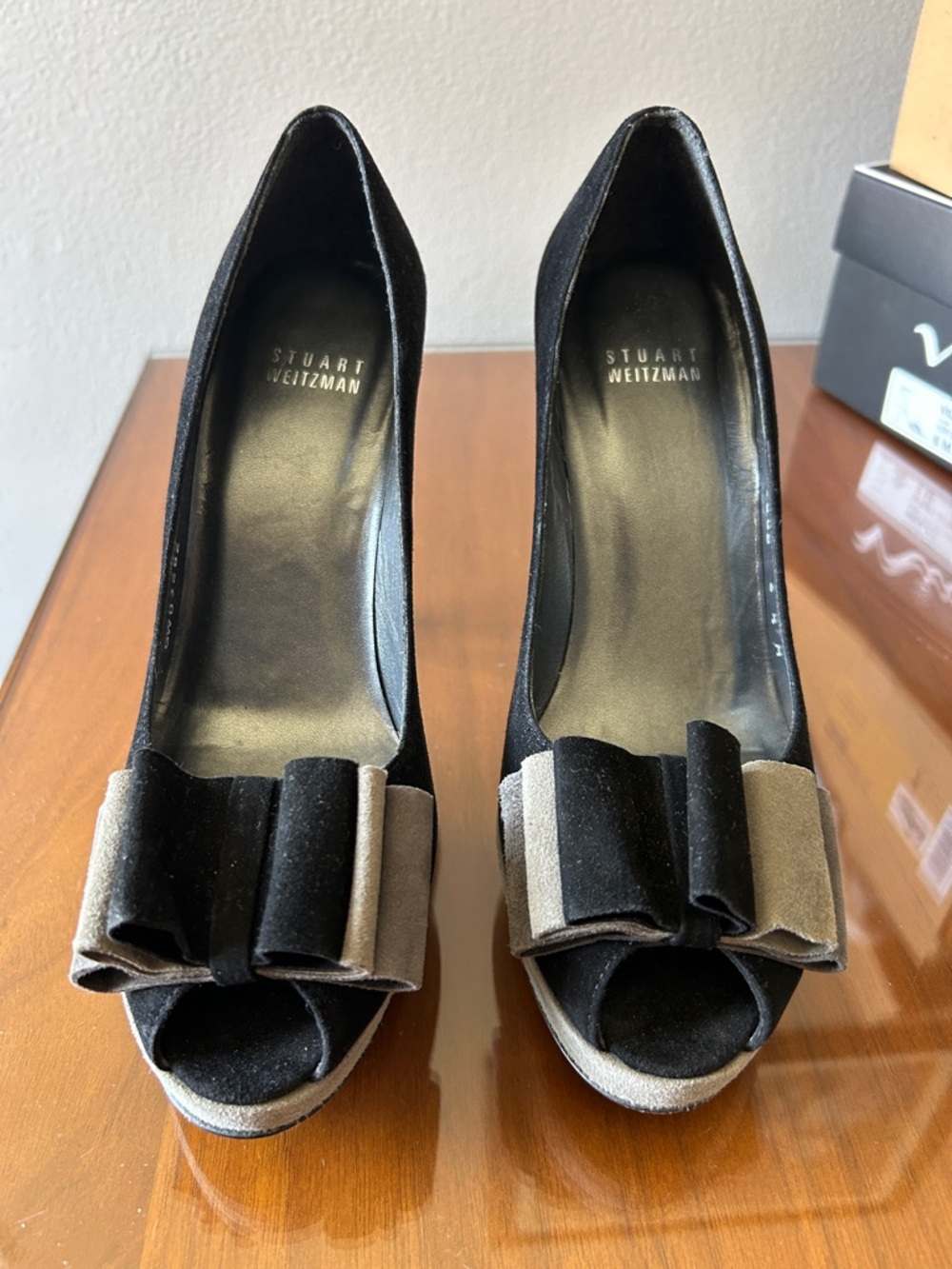 Stuart Weitzman Backpage Suede Bow Peep-Toe Heels